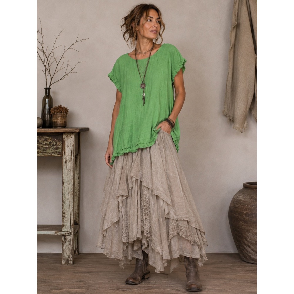 Umgee S Green Linen Blend Fringe Hem Top Boho Lagenlook Raw Edge